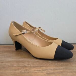 C.Paravano Mary Jane Heels Womens EU 37.5 US 7 Beige Black Cap Toe Pumps NWOB